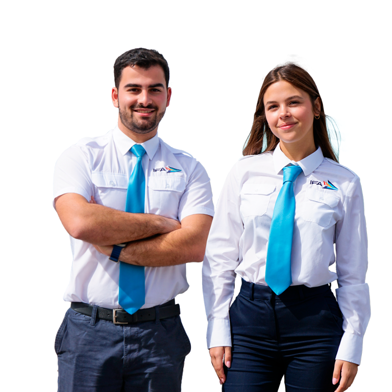 Two ATPL students, dressed as pilots - a boy and a girl